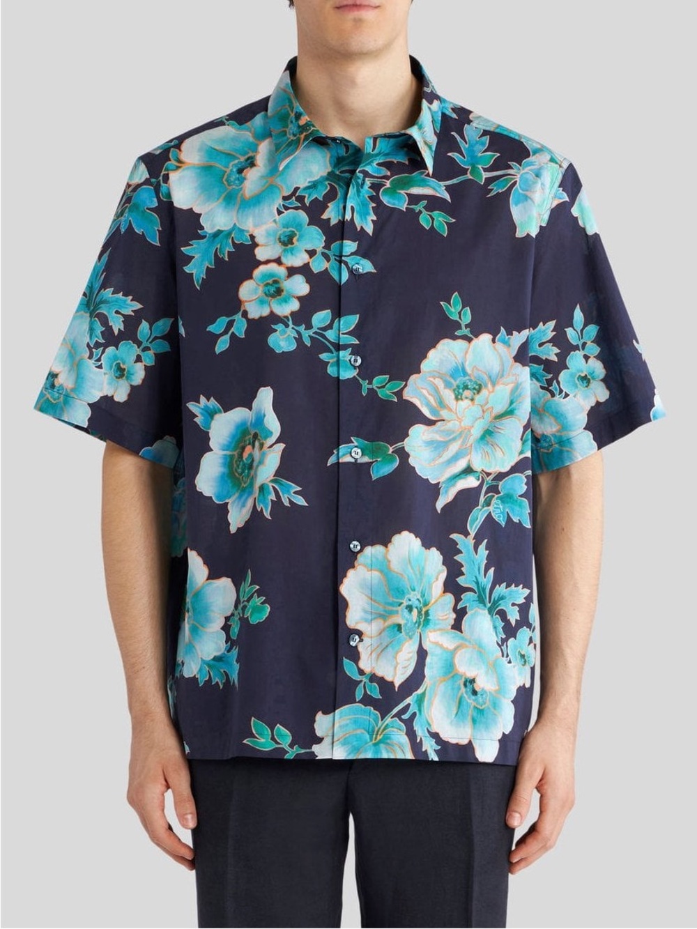 Etro Mens Blue Comfort Fit Short Sleeved Floral Shirt Size L